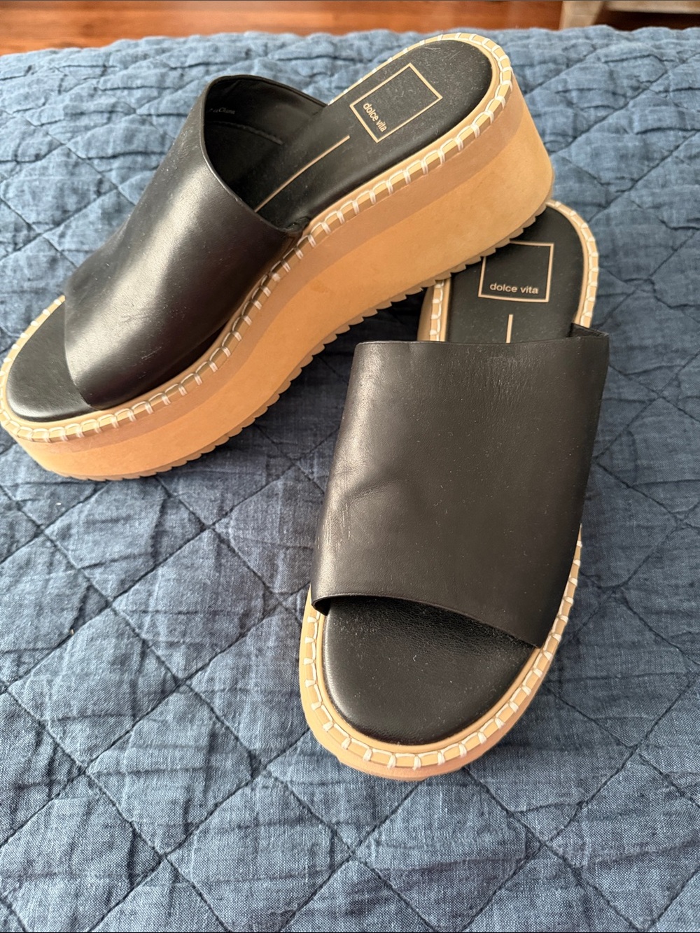 Dolce Vita Black Leather Platform Slide Mules with Tan Sole